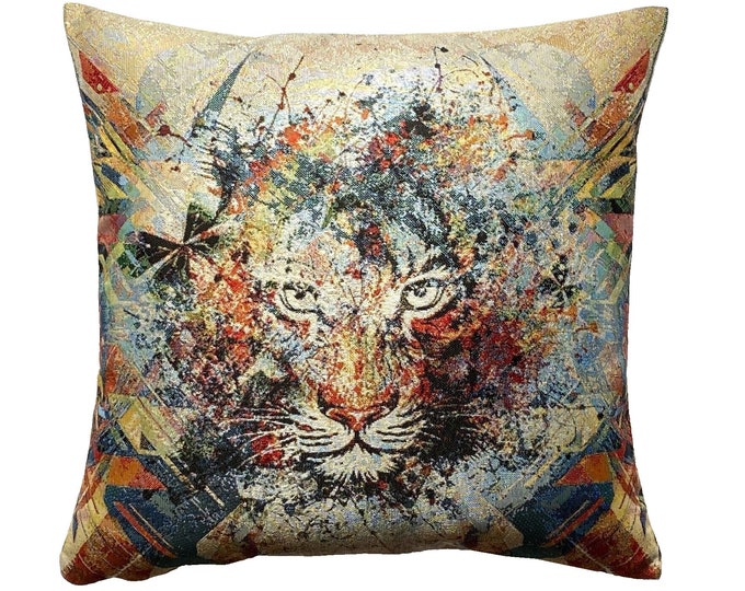Abstract Tiger Animal French Hand Finished 44cm 17" Lightweight Tapestry Pillow Cushion Cover With Zip & Soft Touch Beige Velvet Back