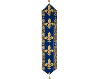 BELGIAN WOVEN Hand Finished Fully Lined Fleur de Lys TAPESTRY Table Runner with Tassels, 9300/33 Gold on Blue, 215cm x 33cm