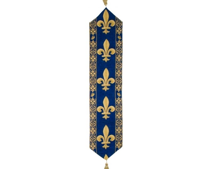 BELGIAN WOVEN Hand Finished Fully Lined Fleur de Lys TAPESTRY Table Runner with Tassels, 9300/33 Gold on Blue, 215cm x 33cm