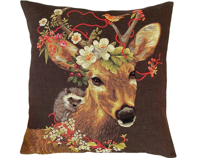 BELGIAN JACQUARD WOVEN Hand Finished Fauve Fine Arts Tapestry Cushion Cover, Stag Deer With Bird & Hedgehog, 46cm x 46cm, 18" x 18"