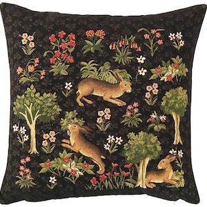 BELGIAN WOVEN Hand Finished 45cm x 45cm 18" x 18" Forest Rabbits With Millefleurs Design Tapestry Pillow Cushion Cover V3 4618