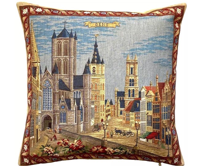 Gent Ghent 3 Towers 3 Torens, BELGIAN Belgium Jacquard WOVEN Hand Finished Tapestry Pillow Cushion Cover, 46cm x 46cm 18" x 18"