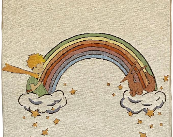 PETIT PRINCE on a Rainbow, BELGIAN Jacquard Woven Hand Finished Tapestry Pillow Cushion Cover, 46cm x 46cm, 18" x 18"