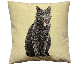 Chartreux Cat French Hand Finished Tapestry Pillow Cushion Cover WIth Zip & Soft Touch Velvet Cotton Reverse, 44cm x 44cm, 17" x 17"