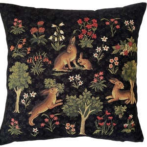BELGIAN WOVEN Hand Finished 45cm x 45cm 18" x 18" Forest Rabbits With Millefleurs Design Tapestry Pillow Cushion Cover V2 4617