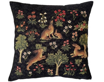 BELGIAN WOVEN Hand Finished 45cm x 45cm 18" x 18" Forest Rabbits With Millefleurs Design Tapestry Pillow Cushion Cover V2 4617