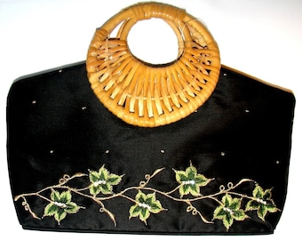 Hand Made Pure Silk Black Handbag With Green Leaves Embroidery & Cane Handles, 19cm x 32cm, 7.4" x 12.5" (excluding handles measurements)