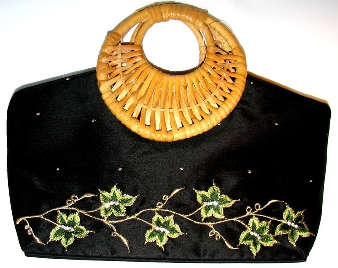 Hand Made Pure Silk Black Handbag With Green Leaves Embroidery & Cane Handles, 19cm x 32cm, 7.4" x 12.5" (excluding handles measurements)