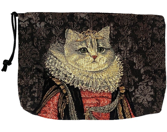 Cat lovers BELGIAN TAPESTRY Trousse Purse Pouch Toiletry Cosmetic Bag 20CM X 15CM, Regal Cat with Elizabethan Ruff & Tiara / Crown, with zip
