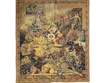 Still Life Flowers & Fruit BELGIAN Belgium Jacquard WOVEN Hand Finished Tapestry Wall Hanging 29.5" x 26" / 75cm x 66cm, Lined + Rod Sleeve