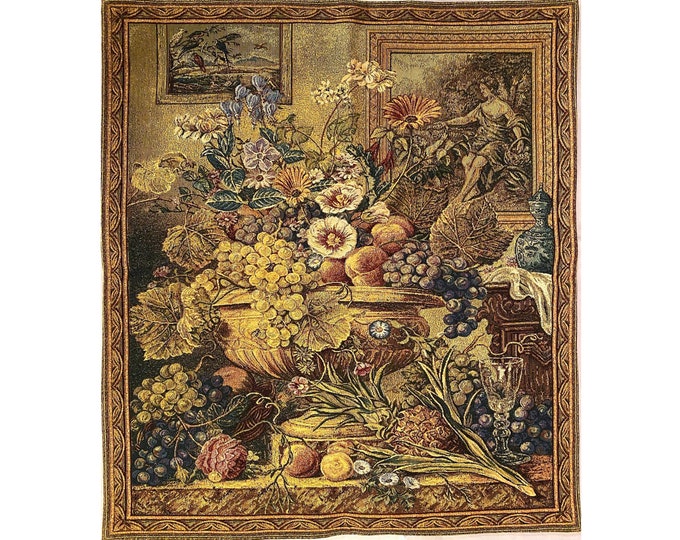 Still Life Flowers & Fruit BELGIAN Belgium Jacquard WOVEN Hand Finished Tapestry Wall Hanging 29.5" x 26" / 75cm x 66cm, Lined + Rod Sleeve