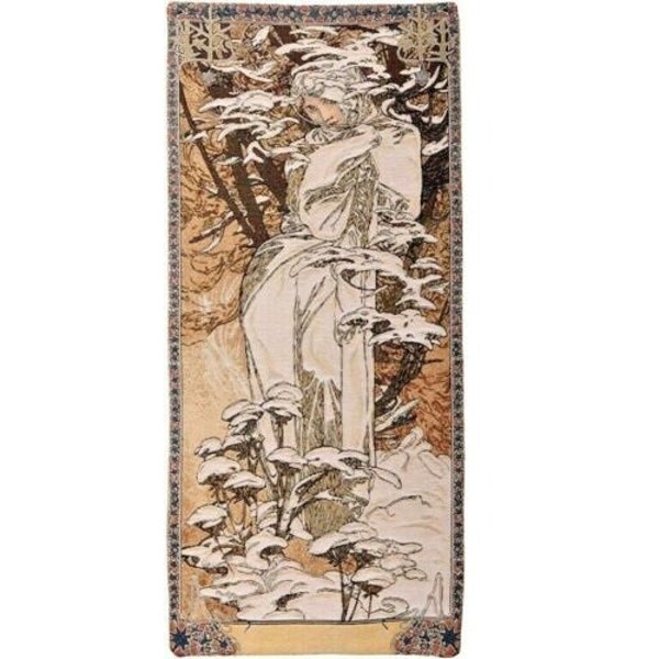 Alphonse MUCHA Seasons Hiver / Winter, Tapisserie BELGIAN Fini à la main Tenture, entièrement doublé avec manche tige, 59 » x 26 », 150cm x 66cm