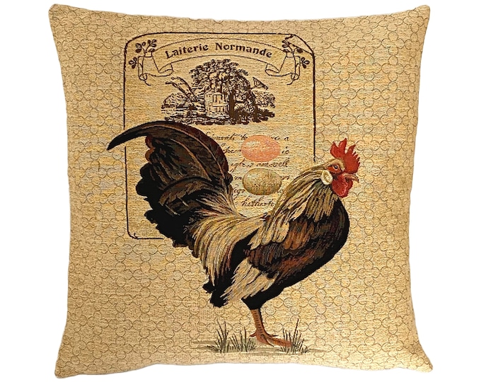 Rooster Cockerel Chicken "LAITERIE NORMANDIE" Belgian Jacquard Woven Hand Finished 100% Cotton 18" 46cm Tapestry Cushion Pillow Cover