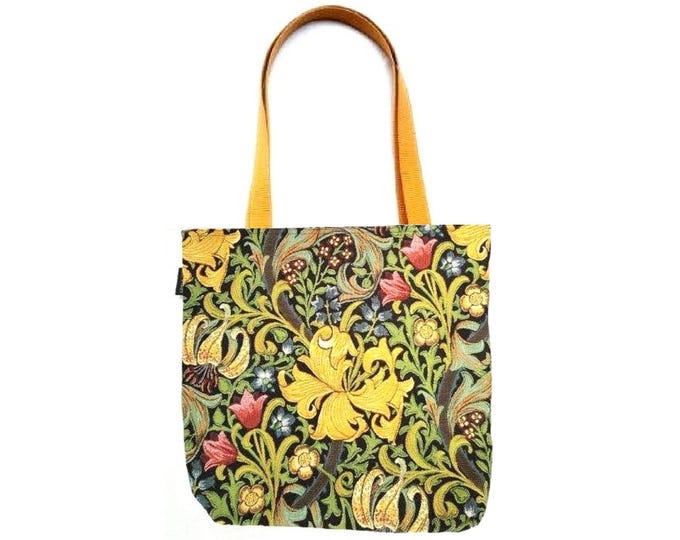 BELGIAN Tapestry Woven Hand Finished Tote Shoulder Bag Handbag, WM William Morris Golden Lily, 32cm x 34cm 12.5" x 13.5" Excluding Handles
