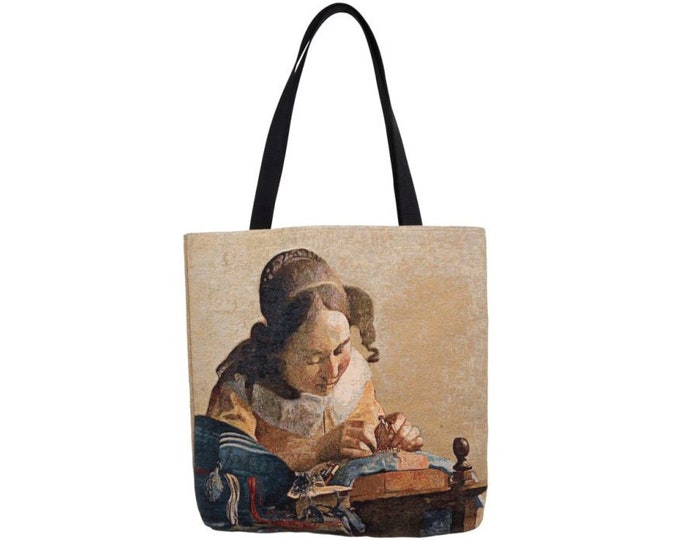 VERMEER Lacemaker Kantwerkster, BELGIAN Tapestry Woven Hand Finished Large Tote Shoulder Bag Handbag, Bag Size 46cm x 46cm 18" x 18"