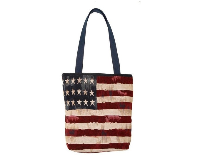 BELGIAN Tapestry Woven Hand Finished Tote Shoulder Bag Handbag, USA US Stars & Stripes, Fauve Fine Arts, 38cm x 34cm Excluding Handles