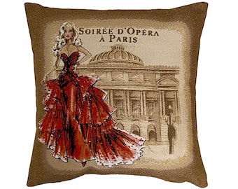 BELGIAN JACQUARD WOVEN Hand Finished Tapestry Pillow Cushion Cover, Soirée D'opera á Paris, Paris Opera Night, 16" x 16" 42cm x 42cm