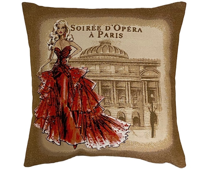 BELGIAN JACQUARD WOVEN Hand Finished Tapestry Pillow Cushion Cover, Soirée D'opera á Paris, Paris Opera Night, 16" x 16" 42cm x 42cm