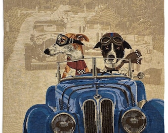Blue Vintage Car Dog Racers, BELGIAN Jacquard WOVEN Hand Finished Tapestry Pillow Cushion Cover with Beige Velvet Reverse, 46cm 18", 1547B
