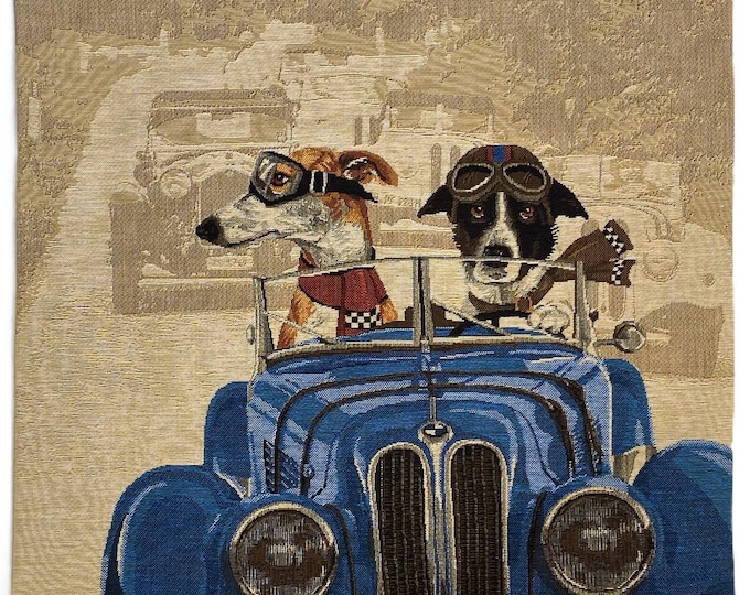 Blue Vintage Car Dog Racers, BELGIAN Jacquard WOVEN Hand Finished Tapestry Pillow Cushion Cover with Beige Velvet Reverse, 46cm 18", 1547B