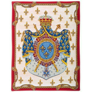 French Royal Coat of Arms as a BELGIAN Belgium jacquard woven tapestry wall hanging, fully lined with rod sleeve, 60cm x 46cm, 23.5&quot; x 18&quot;