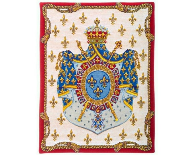 French Royal Coat of Arms as a BELGIAN Belgium jacquard woven tapestry wall hanging, fully lined with rod sleeve, 60cm x 46cm, 23.5" x 18"