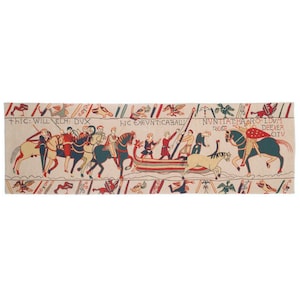 バイユーのタペストリーの一部の複製、18 x 53、46 cm x 135 cm ベルギーのジャカード織りタペストリー壁掛け、総裏地 + ロッドスリーブ