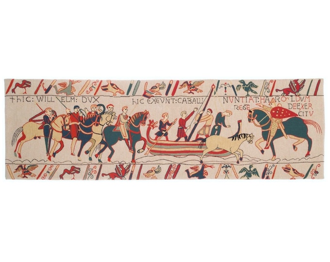Reproduction of part of BAYEUX tapestry, 18" x 53", 46cm x 135cm BELGIAN jacquard woven tapestry wall hanging, fully lined + rod sleeve