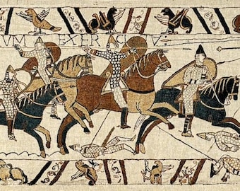 Reproduction of part of BAYEUX tapestry BATTLE of Hastings 57cm x 200cm BELGIAN jacquard woven tapestry wall hanging fully lined, rod sleeve