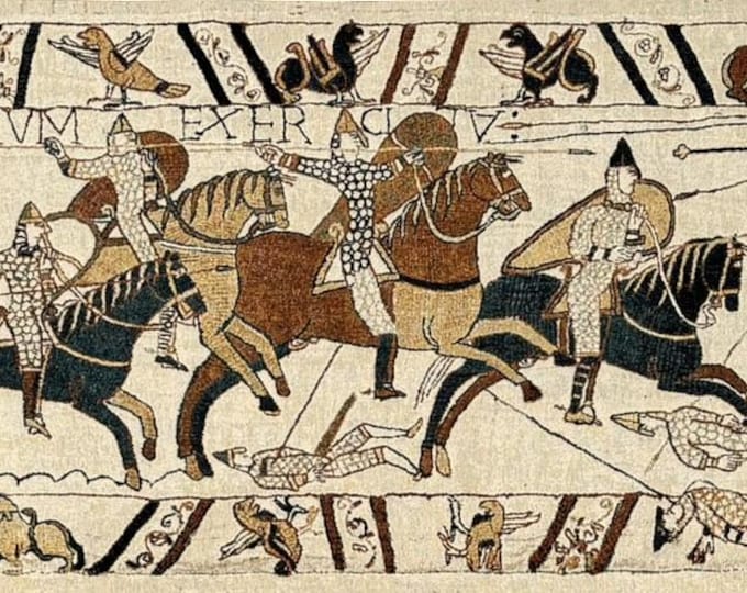 Reproduction of part of BAYEUX tapestry BATTLE of Hastings 57cm x 200cm BELGIAN jacquard woven tapestry wall hanging fully lined, rod sleeve