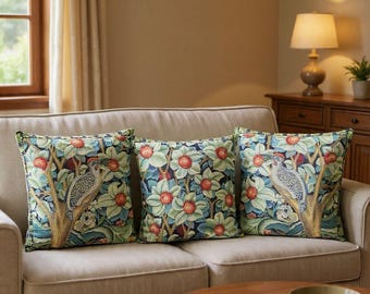 Set of 3 WILLIAM MORRIS Woodpecker Orange Tree Design Belgian Jacquard Woven Hand Finished TAPESTRY Pillow Cushion Covers 47cm, 18.5"