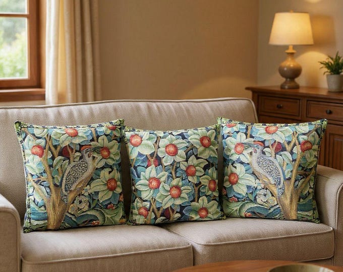 Set of 3 WILLIAM MORRIS Woodpecker Orange Tree Design Belgian Jacquard Woven Hand Finished TAPESTRY Pillow Cushion Covers 47cm, 18.5"