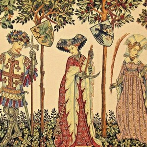 May include: A tapestry depicting three figures in a medieval setting. A knight in armour stands on the left, a woman in a long red gown stands in the centre, and a woman in a pink gown stands on the right. Each figure is holding a weapon or object, and there are trees and shields in the background.
