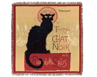 CHAT NOIR Black Cat Belgian Jacquard Woven Hand Finished 150cm x 150cm Fringed TAPESTRY Table Chair Sofa Throw Bed Spread Occasional Cover