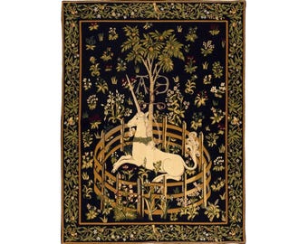 Cluny UNICORN in CAPTIVITY BELGIAN Belgium jacquard woven tapestry wall hanging, fully lined with rod sleeve, approx 25" x 18" 63cm x  45cm
