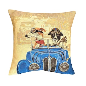 Copricuscino per auto d'epoca blu con cani da corsa, tessuto jacquard belga rifinito a mano, 46 cm x 46 cm, 18" x 18", 1547B