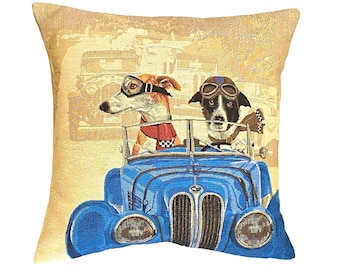 Blue Vintage Car Dog Racers, BELGIAN Jacquard WOVEN Hand Finished Tapestry Pillow Cushion Cover, 46cm x 46cm, 18" x 18", 1547B