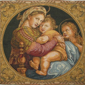 RAPHAEL Madonna Della Seggiola BELGIAN Belgium Jacquard WOVEN Hand Finished Tapestry Wall Hanging 66cm x 61cm 24&quot; x 18&quot;, lined + rod sleeve