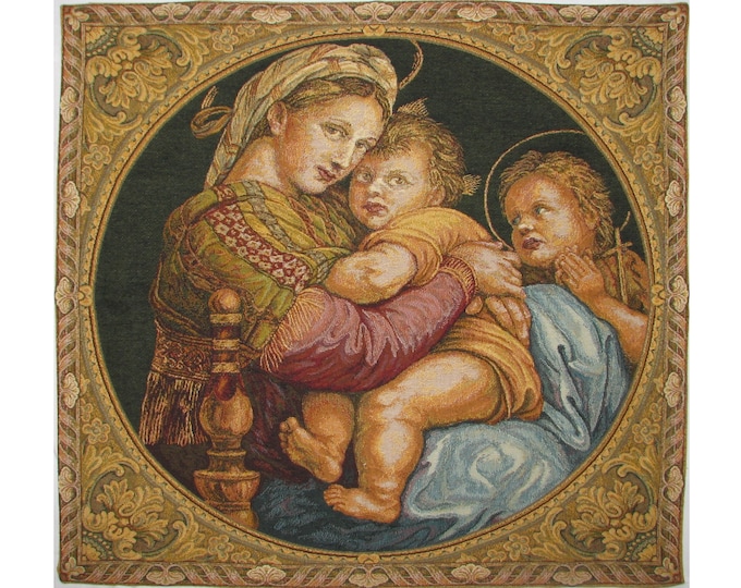 RAPHAEL Madonna Della Seggiola BELGIAN Belgium Jacquard WOVEN Hand Finished Tapestry Wall Hanging 66cm x 61cm 24" x 18", lined + rod sleeve
