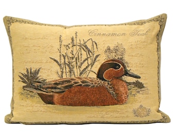 Cinnamon Teal Duck BELGIAN Belgium Jacquard WOVEN Hand Finished 46cm x 33cm 18" x 13" Tapestry Pillow Cushion Cover, zip, beige velvet back