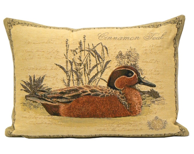 Cinnamon Teal Duck BELGIAN Belgium Jacquard WOVEN Hand Finished 46cm x 33cm 18" x 13" Tapestry Pillow Cushion Cover, zip, beige velvet back