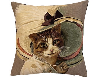 Belle Epoque Cat B, BELGIAN Belgium Jacquard WOVEN Hand Finished Tapestry Pillow Cushion Cover 46cm x 46cm 18" x 18" beige/cream velvet back