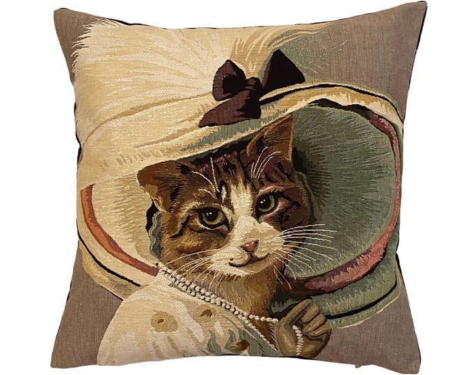 Belle Epoque Cat B, BELGIAN Belgium Jacquard WOVEN Hand Finished Tapestry Pillow Cushion Cover 46cm x 46cm 18" x 18", black velvet back