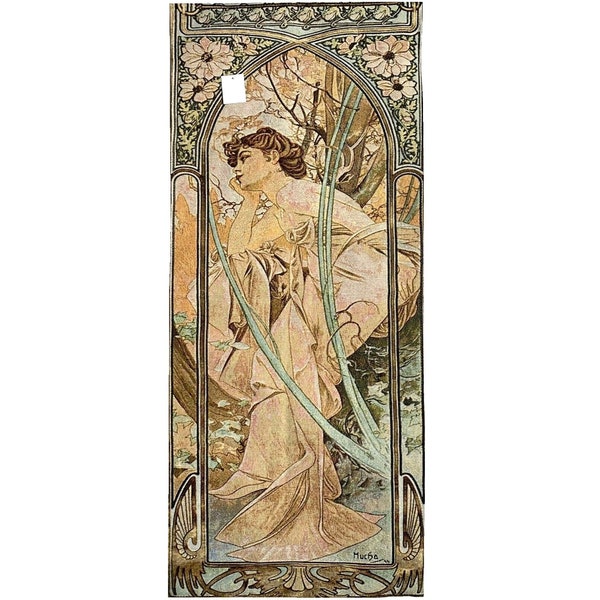 Alphonse MUCHA Tageszeiten Abend Betrachtung FRANZÖSISCH Handgefertigter Wandteppich, Wandbehang, 44cm x 102cm