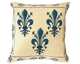 Blue Fleur de Lys on Cream Chenille BELGIAN Belgium Jacquard Woven Hand Finished Tapestry Pillow Cushion Cover, 47cm x 47cm 18" x 18"