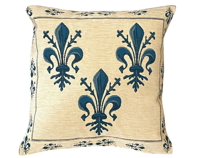 Blue Fleur de Lys on Cream Chenille BELGIAN Belgium Jacquard Woven Hand Finished Tapestry Pillow Cushion Cover, 47cm x 47cm 18" x 18"