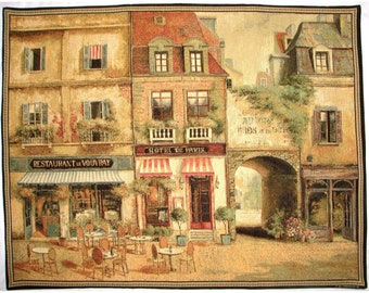 VILLENEUVE Terrasse Paris, BELGIAN Jacquard Woven Hand Finished TAPESTRY Wall Art Hanging, lined with rod sleeve 58" x 43" 148cm x 109cm
