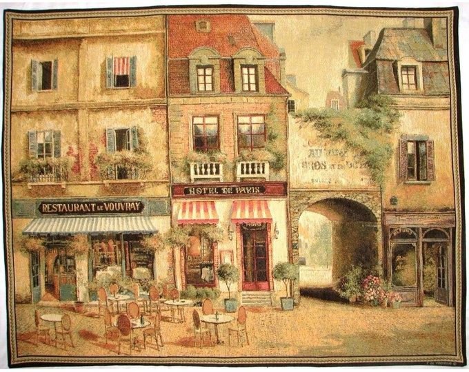 VILLENEUVE Terrasse Paris, BELGIAN Jacquard Woven Hand Finished TAPESTRY Wall Art Hanging, lined with rod sleeve 58" x 43" 148cm x 109cm