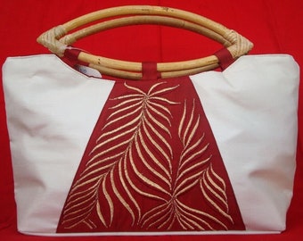 Hand Made Pure Silk Off White & Red Handbag, Golden Embroidery, Cane Handles, 17cm x 32cm, 6.5" x 12.5" (excluding handles measurements)