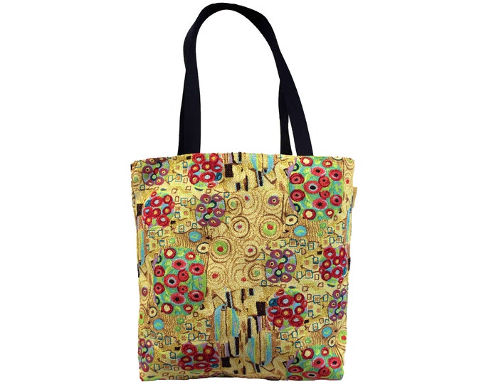 GUSTAV KLIMT Flowers Circles, BELGIAN Tapestry Woven Hand Finished Large Tote Shoulder Bag Handbag, Size 46cm x 46cm 18" x 18" Excl. Handles